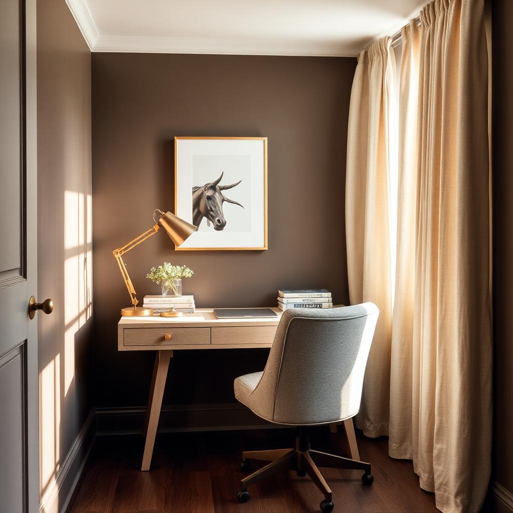 Home office nook with white oak desk and brushed brass lamp